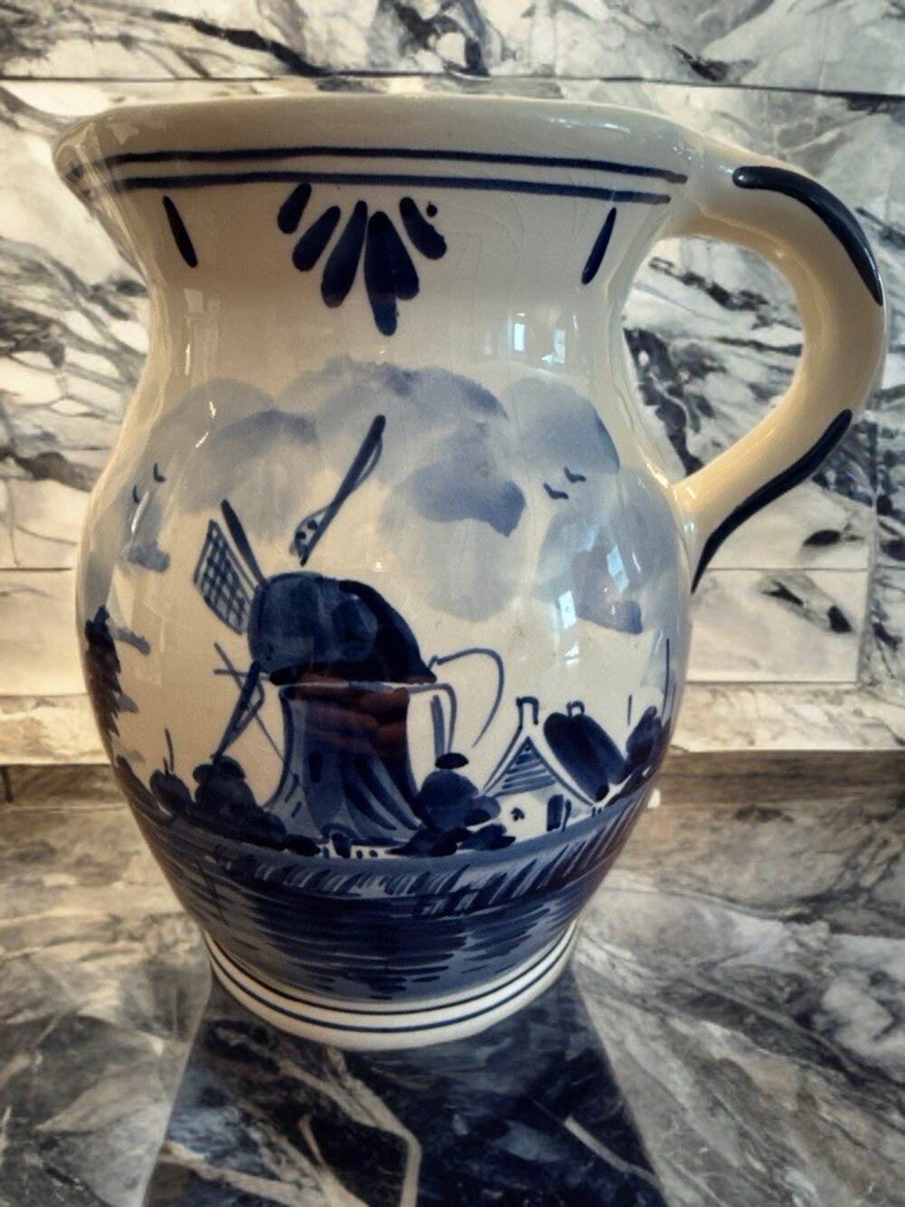 Delfts Holland Blue White Ceramic Handpainted Pitcher Windmill Floral 301 Dutch